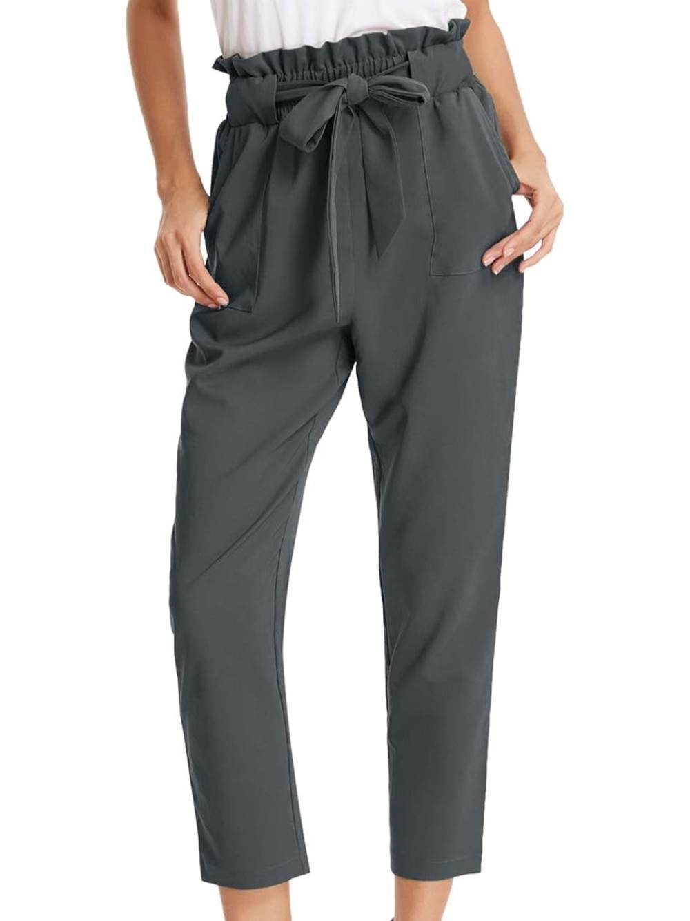 Grace Karin Charcoal Gray Grey Paperbag High Waist Cropped Pants With Tie Belt